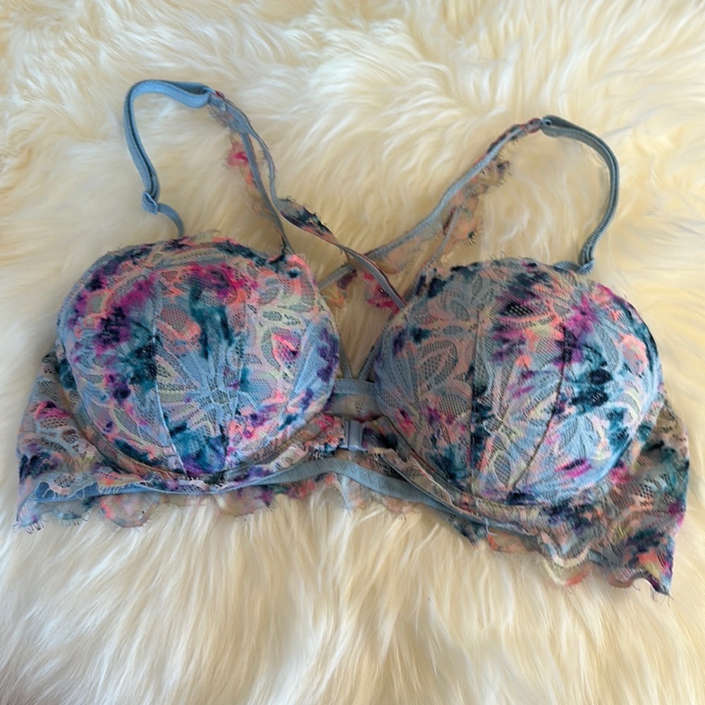 Victoria’s Secret VS PINK Multicolor Neon Floral Rainbow Lace Date Racerback Bra - Picture 2 of 8